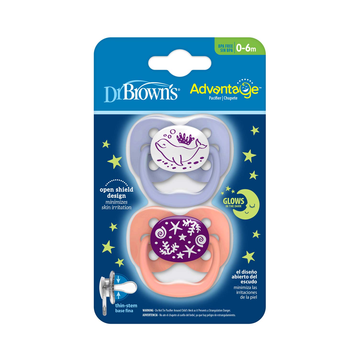Dr. Brown's™ Advantage™ Glow-in-the-Dark Pacifiers. Ages 0-6 months. 2 Count - Image 2
