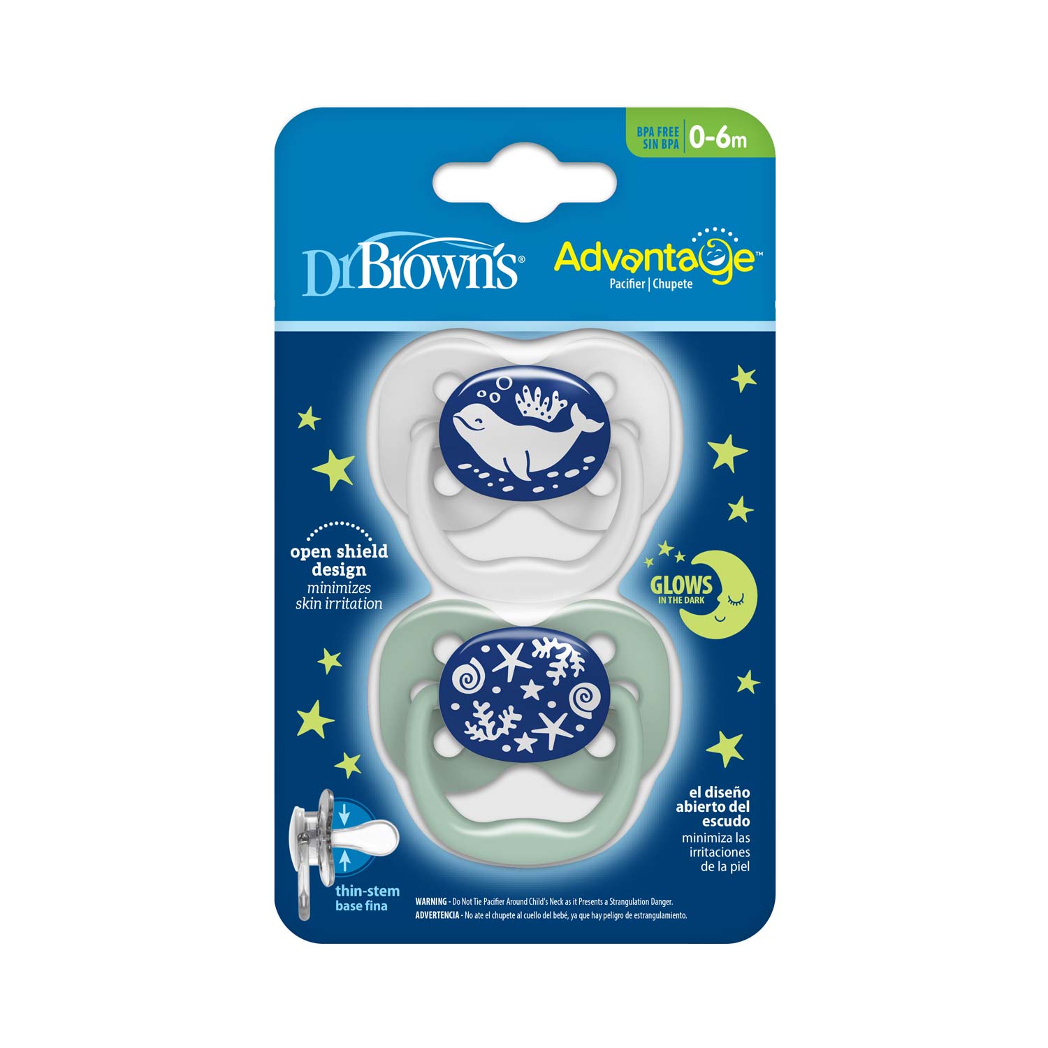 Dr. Brown's™ Advantage™ Glow-in-the-Dark Pacifiers. Ages 0-6 months. 2 Count - Image 2