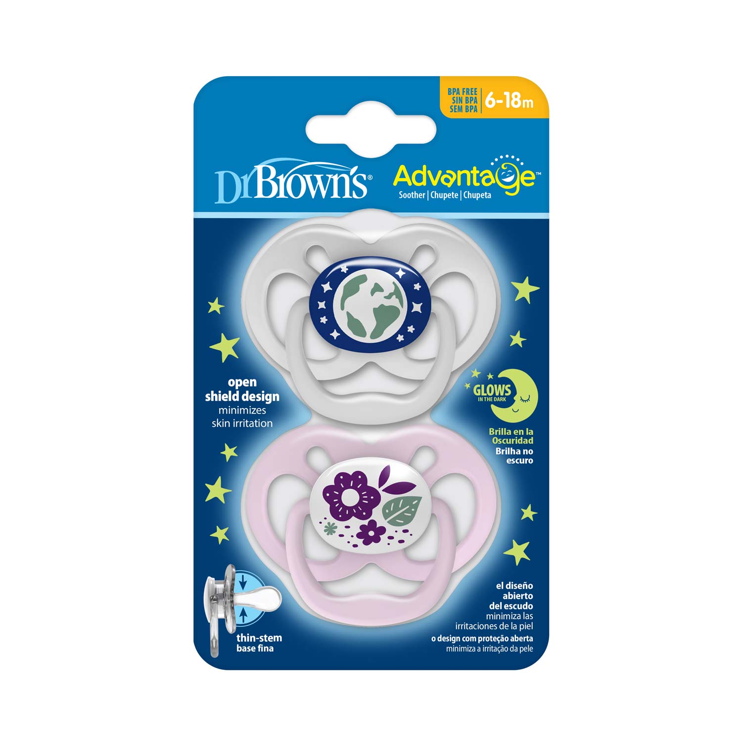 Dr. Brown's™ Advantage™ Glow-in-the-Dark Pacifiers. Ages 6-18 months. 2 Count - Image 2