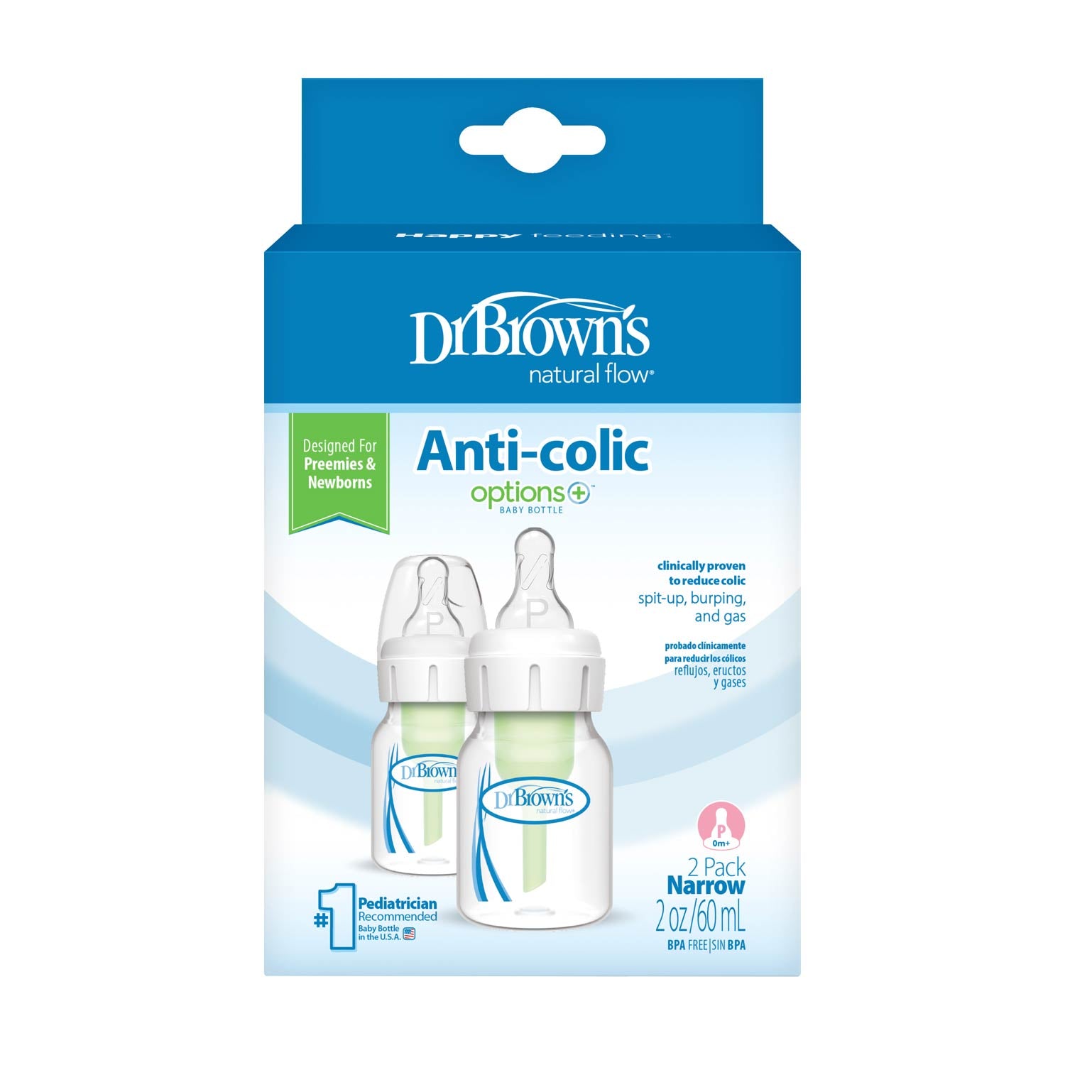 Dr. Brown's Natural Flow Anti-Colic Narrow Baby Bottle. 2oz/60mL with Preemie Flow™ Nipple. 2-Pack - Image 2