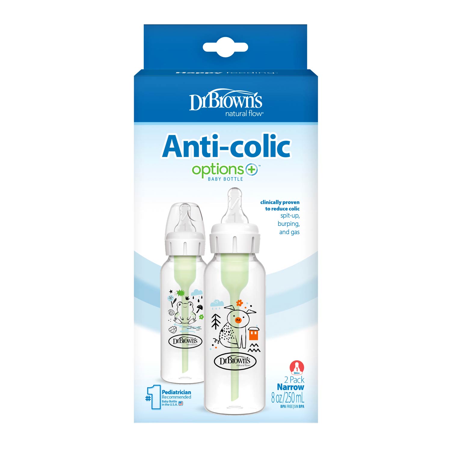 Dr. Brown's Natural Flow Anti-Colic Options+ Narrow Baby Bottle. with Level 1 Slow Flow Nipple. 2-Pack - Image 2