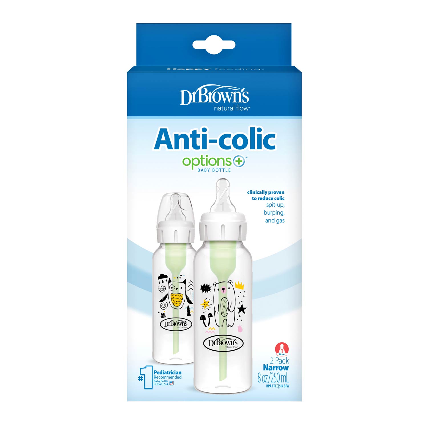 Dr. Brown's Natural Flow Anti-Colic Options+ Narrow Baby Bottle. with Level 1 Slow Flow Nipple. 2-Pack - Image 2