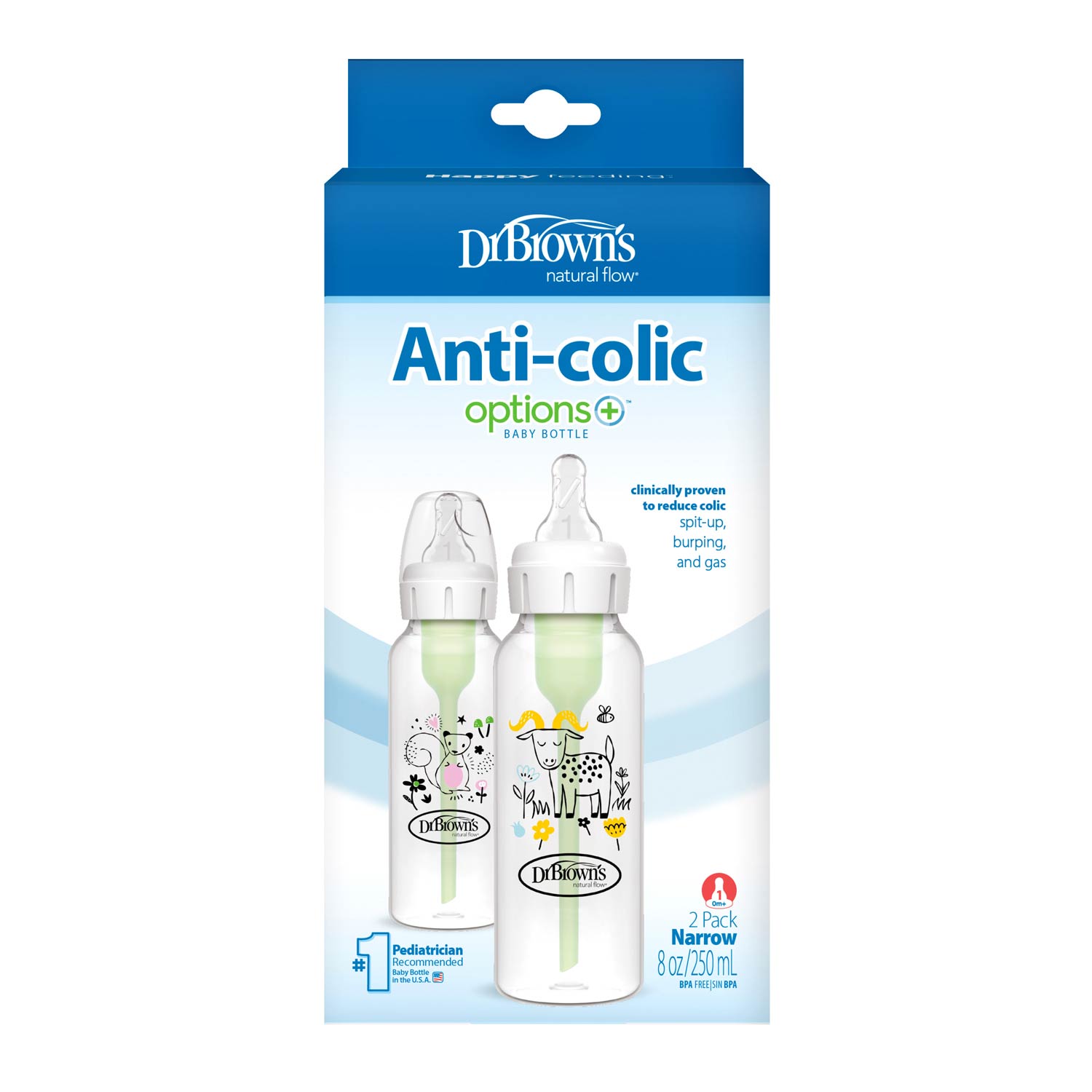 Dr. Brown's Natural Flow Anti-Colic Options+ Narrow Baby Bottle. with Level 1 Slow Flow Nipple. 2-Pack - Image 2